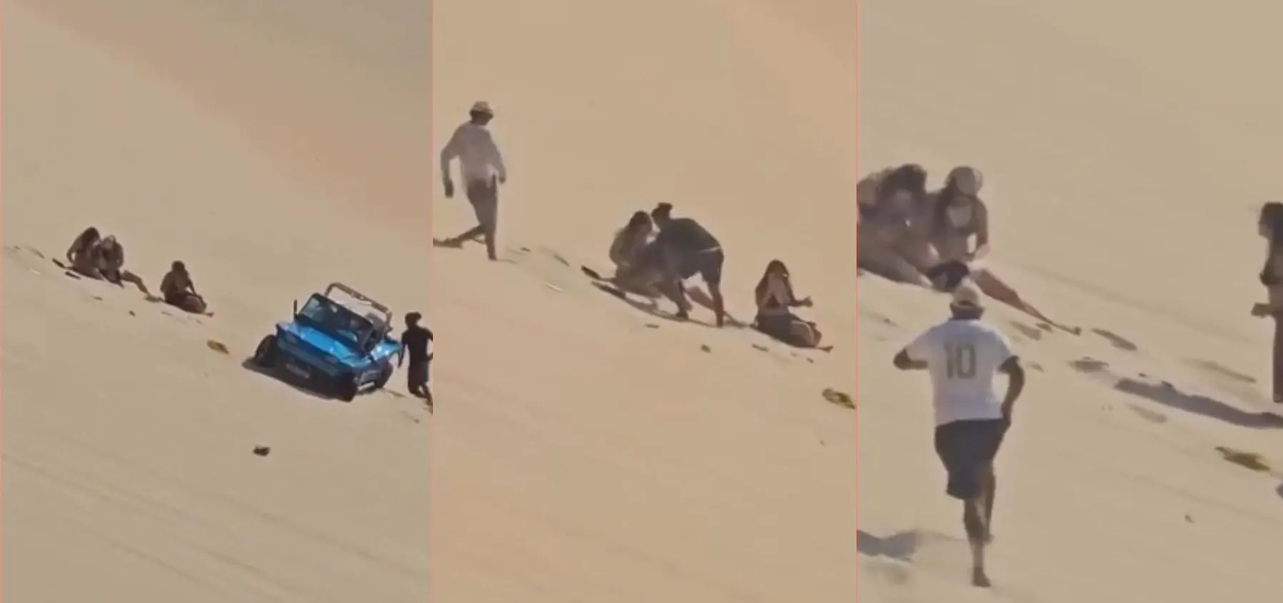Montagem com três frames de um vídeo que mostra três turistas caídas nas dunas de Canoa Quebrada após acidente com buggy.