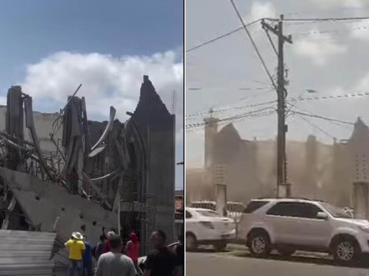 Imagem mostra que igreja desaba no Maranhão: à esquerda, parte da estrutura de concreto já destruída com destroços no chão; à direita, o momento do colapso com poeira no ar e carros estacionados em frente.