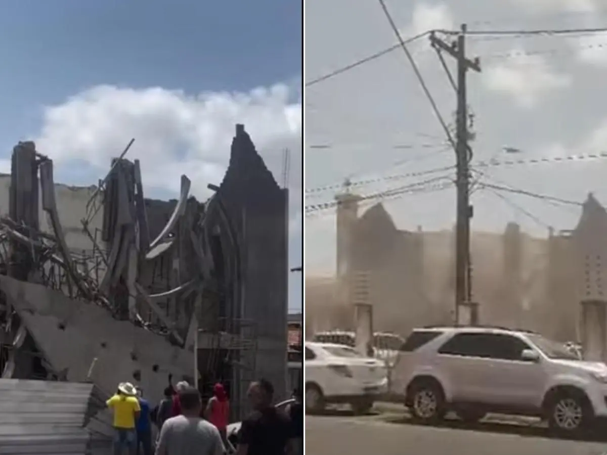 Imagem mostra que igreja desaba no Maranhão: à esquerda, parte da estrutura de concreto já destruída com destroços no chão; à direita, o momento do colapso com poeira no ar e carros estacionados em frente.
