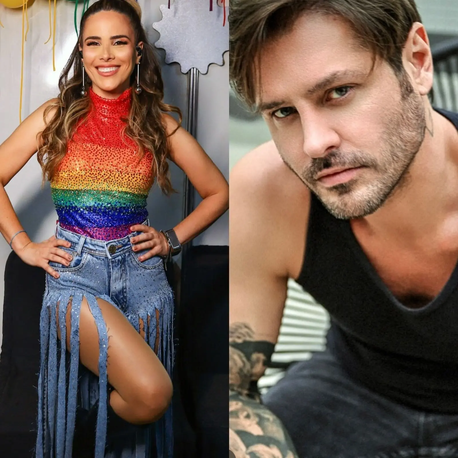 Duas pessoas lado a lado em montagem: à esquerda,Wanessa Camargo sorridente com blusa brilhante de arco-íris e short jeans com franjas longas; à direita, Dado Dolabella de barba curta e regata preta olhando sério para a câmera.