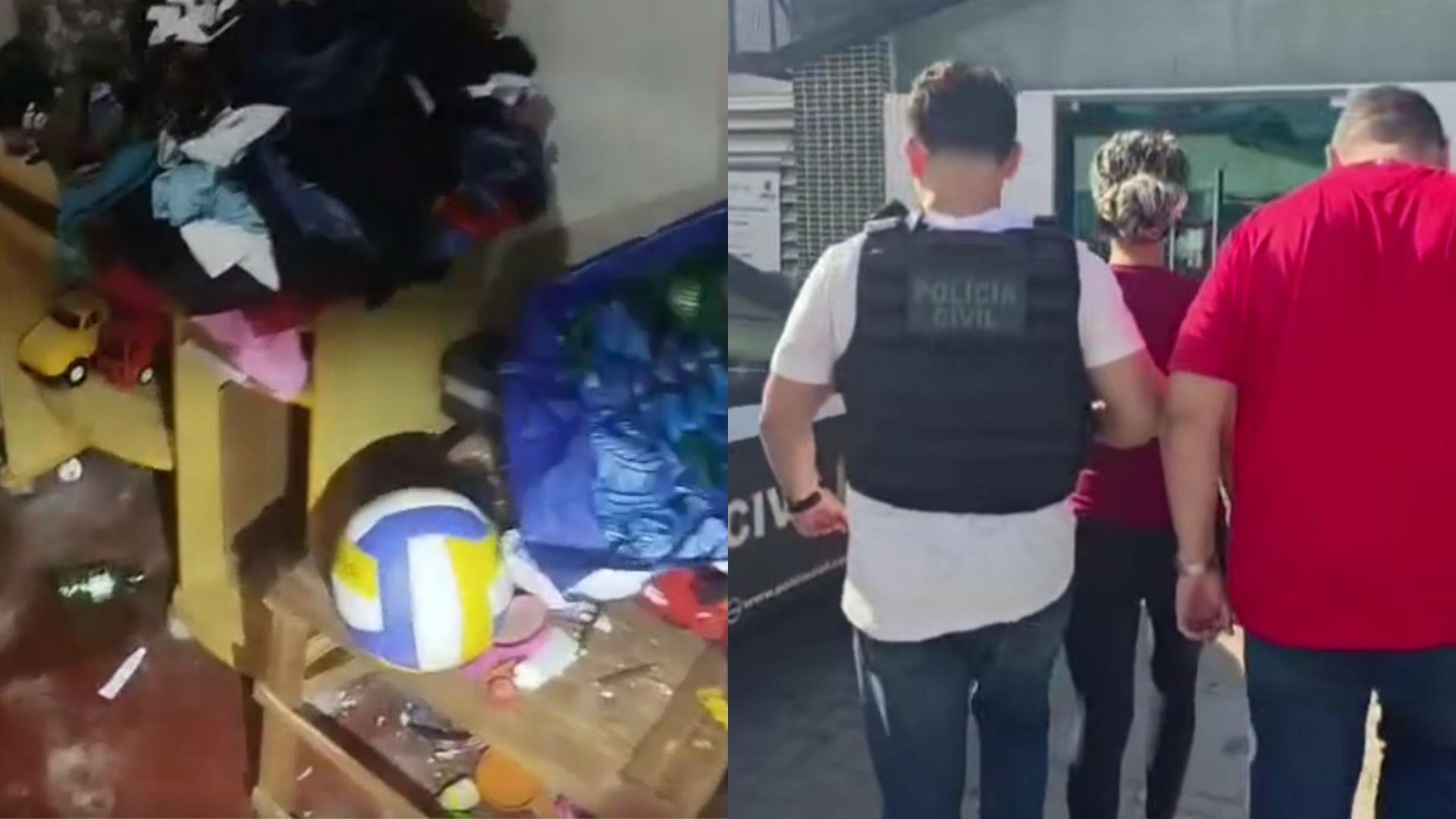 Imagem da casa onde as crianças foram deixadas e da mãe sendo presa.