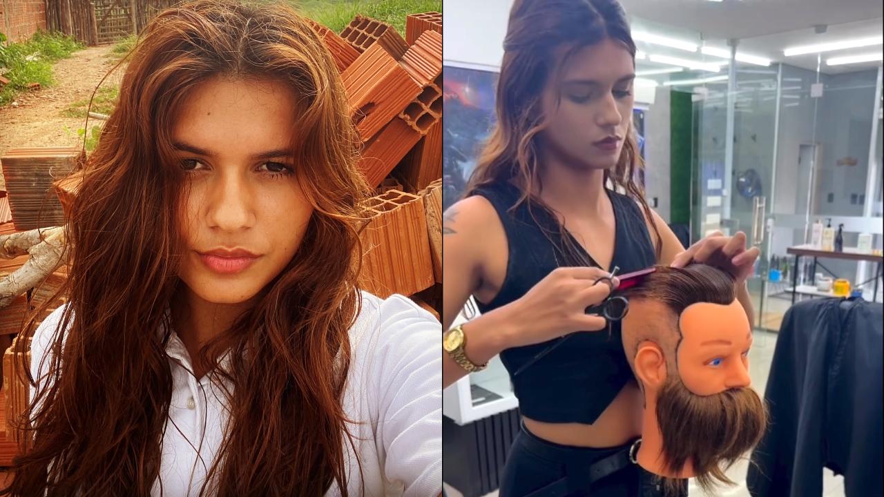 Montagem de duas fotos: a primeira é de Gabrielly Moreira em uma construção. A segunda, é ela treinando corte de cabelo em um boneco