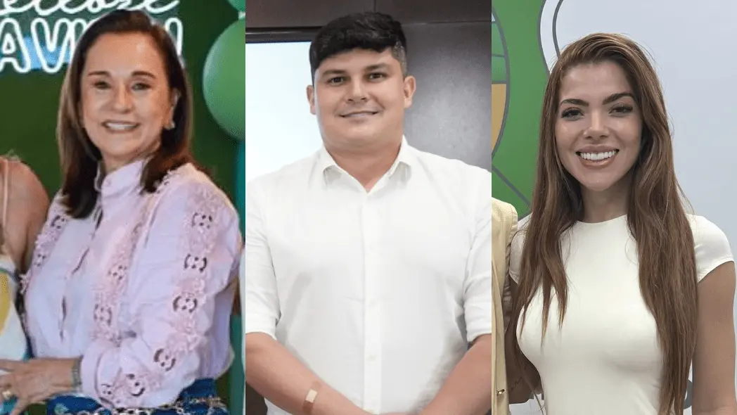 Imagem mostra um trio posando para fotos em diferentes cenários. À esquerda, uma mulher de cabelo castanho liso, usando blusa rosa-clara com bordados e calça azul estampada, sorri diante de um fundo verde decorado com balões. Ao centro, um homem de cabelo curto e preto, trajando camisa social branca, sorri enquanto mantém as mãos cruzadas à frente do corpo, com um pequeno curativo no braço esquerdo. À direita, uma mulher de cabelos longos e castanhos, vestindo blusa branca ajustada, sorri em um ambiente com painel verde e bege ao fundo.