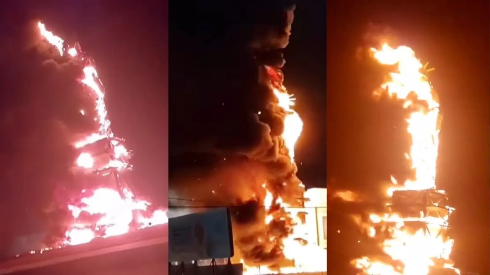 Colagem com imagens em sequência da estátua da Havan pegando fogo em Petrolina, Pernambuco.