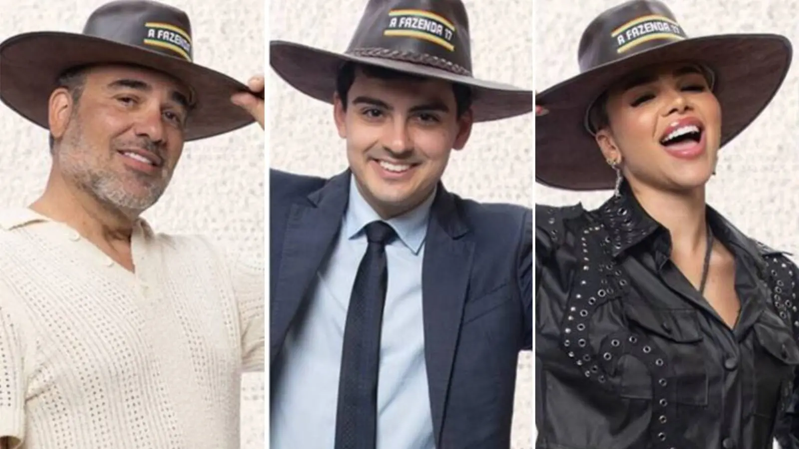 Colagem mostra imagens de Fabiano Moraes, Dudu Camargo e Gabily, participantes de A Fazenda 17 que disputam a Prova do Fazendeiro em 24 de setembro de 2025, usando chapéus de fazendeiro.