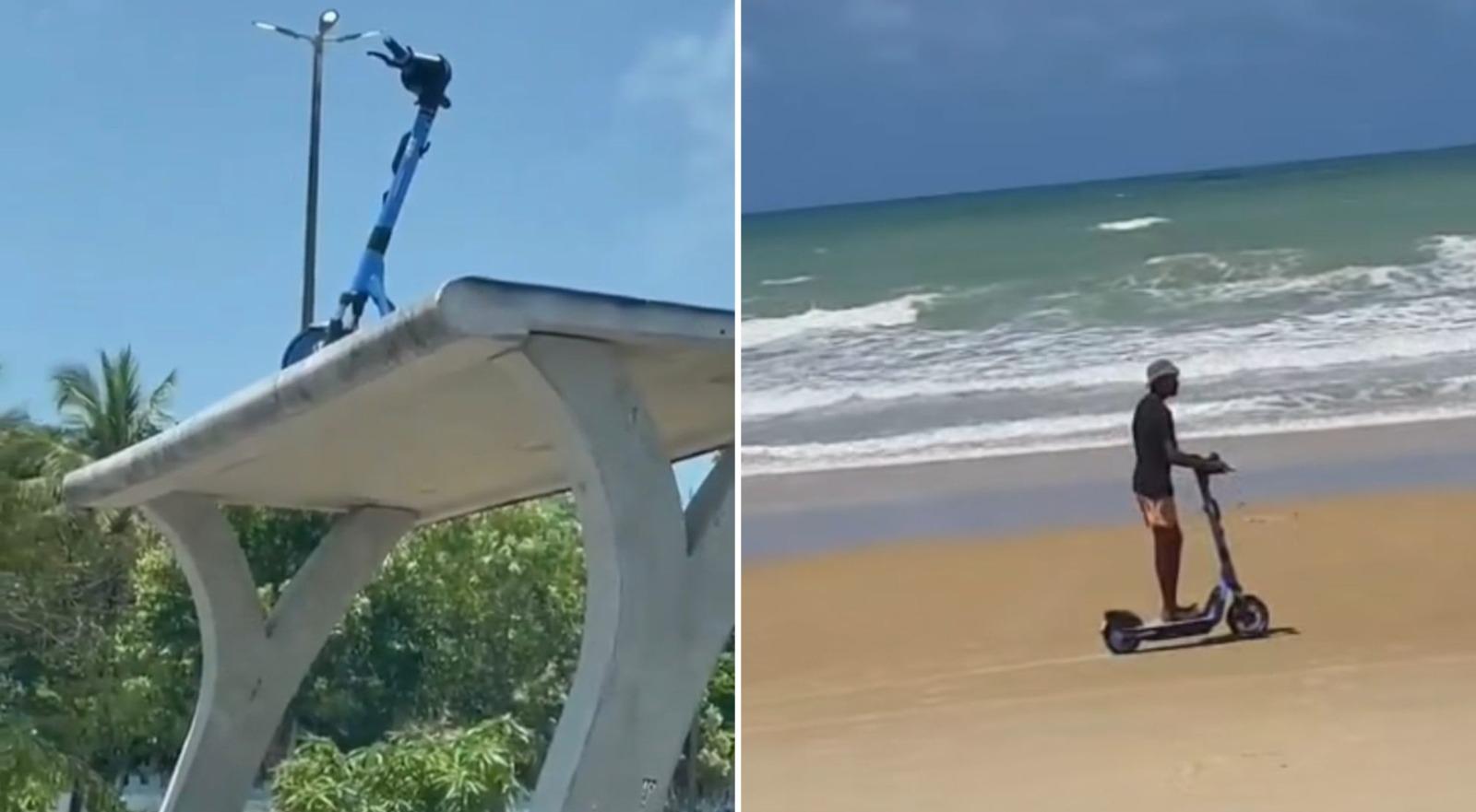 Montagem de fotos mostra, à esquerda, um patinete elétrico estacionado em cima de uma parada de ônibus. À direita, um homem trafega de patinete elétrico na faixa de praia.