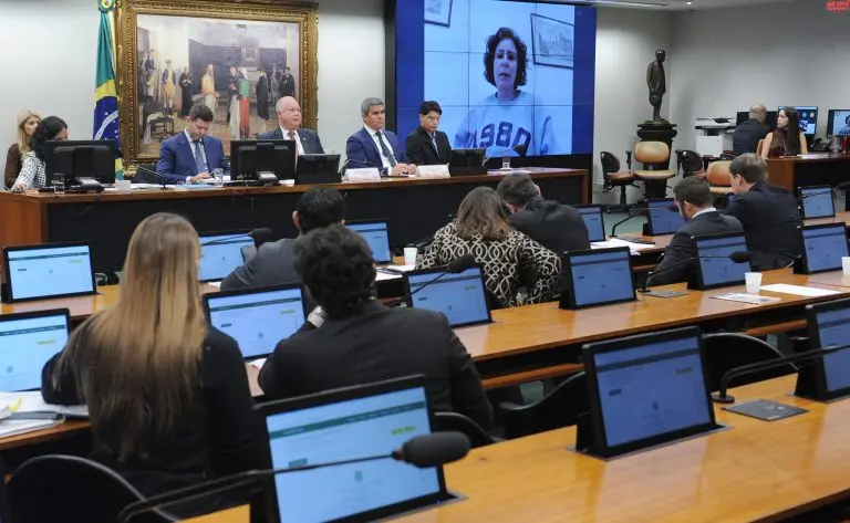 Zambelli fala por videoconferência em um telão para os integrantes da comissão.