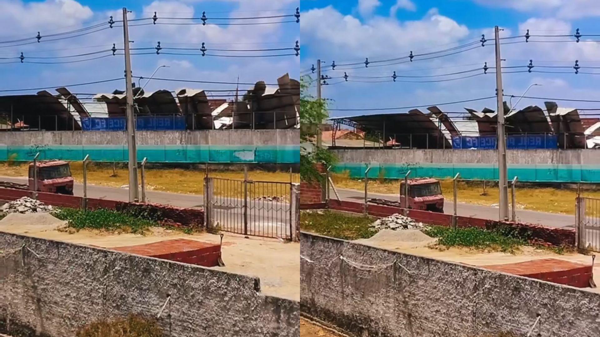 Imagens mostram grande parte do teto que desabou em razão da forte ventania.