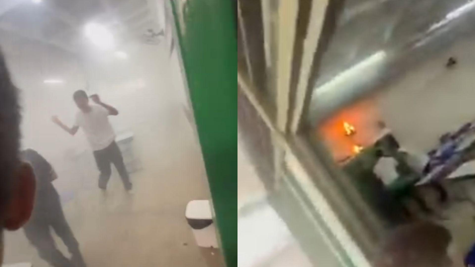 Colagem de fotos do momento do incêndio.