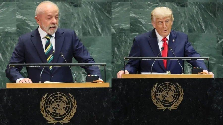 Montagem de fotos que mostra Lula e Trump discursando na bancada da ONU na Assembleia Geral.