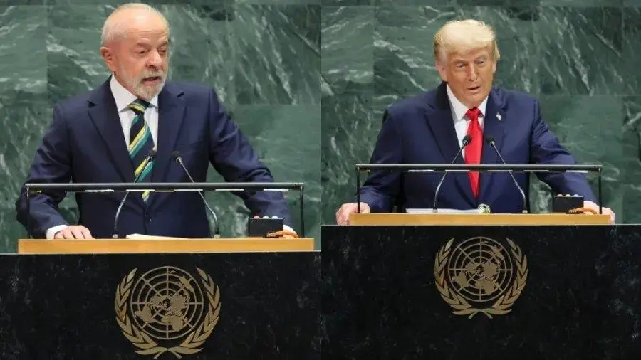 Montagem de fotos que mostra Lula e Trump discursando na bancada da ONU na Assembleia Geral.