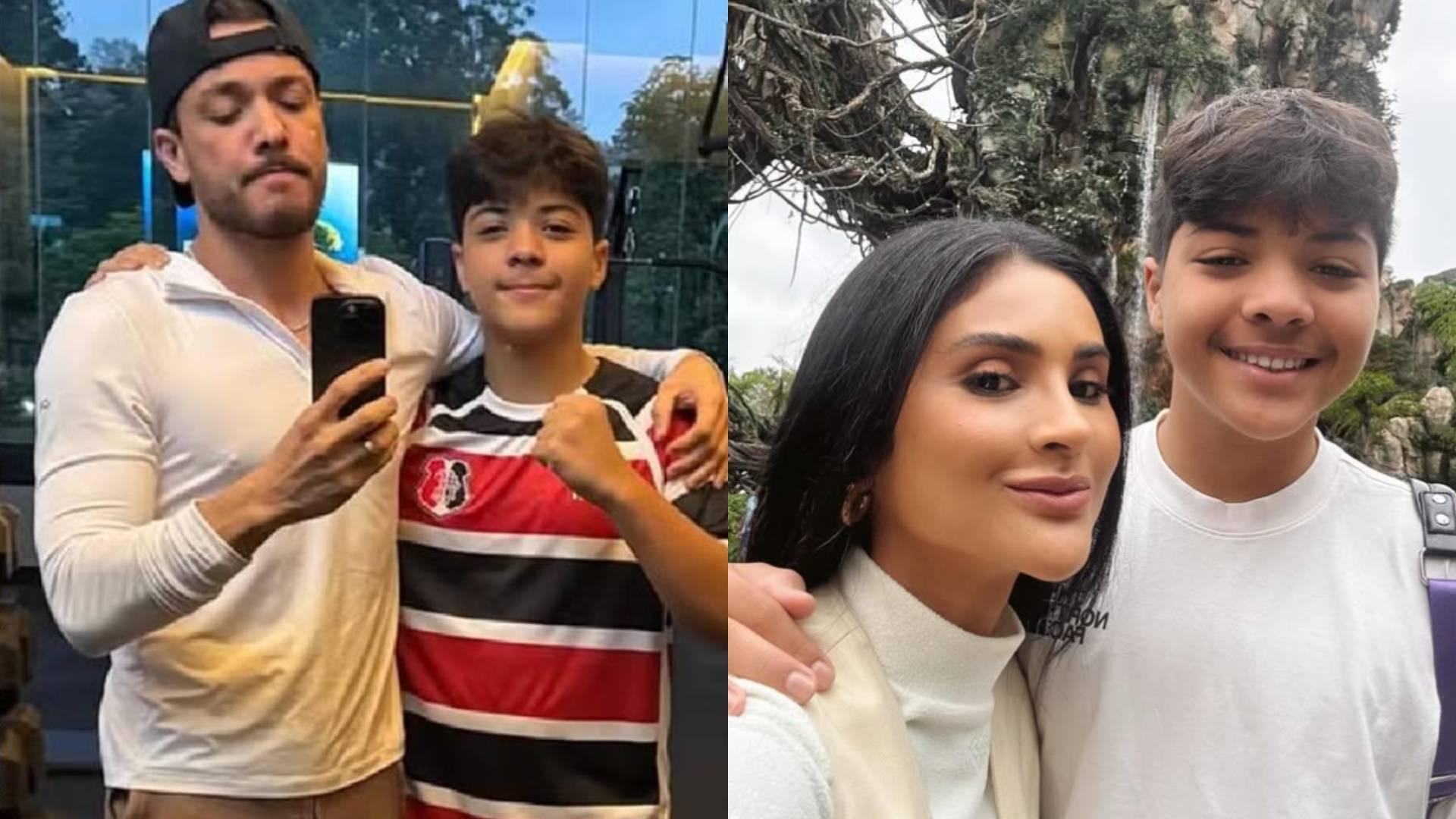 Duas fotos: à esquerda, Wesley Safadão, homem branco com barba castanha, blusa branca de manga longa e boné preto para trás, ao lado de filho, menino branco de cabelo preto e curto e blusa de time listrada, nas cores vermelho, branco e preto. Wesley segura um celular preto e ambos olham para o espelho. À esquerda, selfie de Mileide Mahieli, mulher branca com blusa de gola longa, e mesmo menino, com blusa branca. Ambos sorriem.