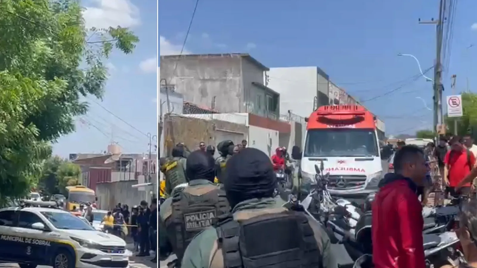 Policiais militares e guardas municipais isolam área em rua de Sobral após ataque a tiros.