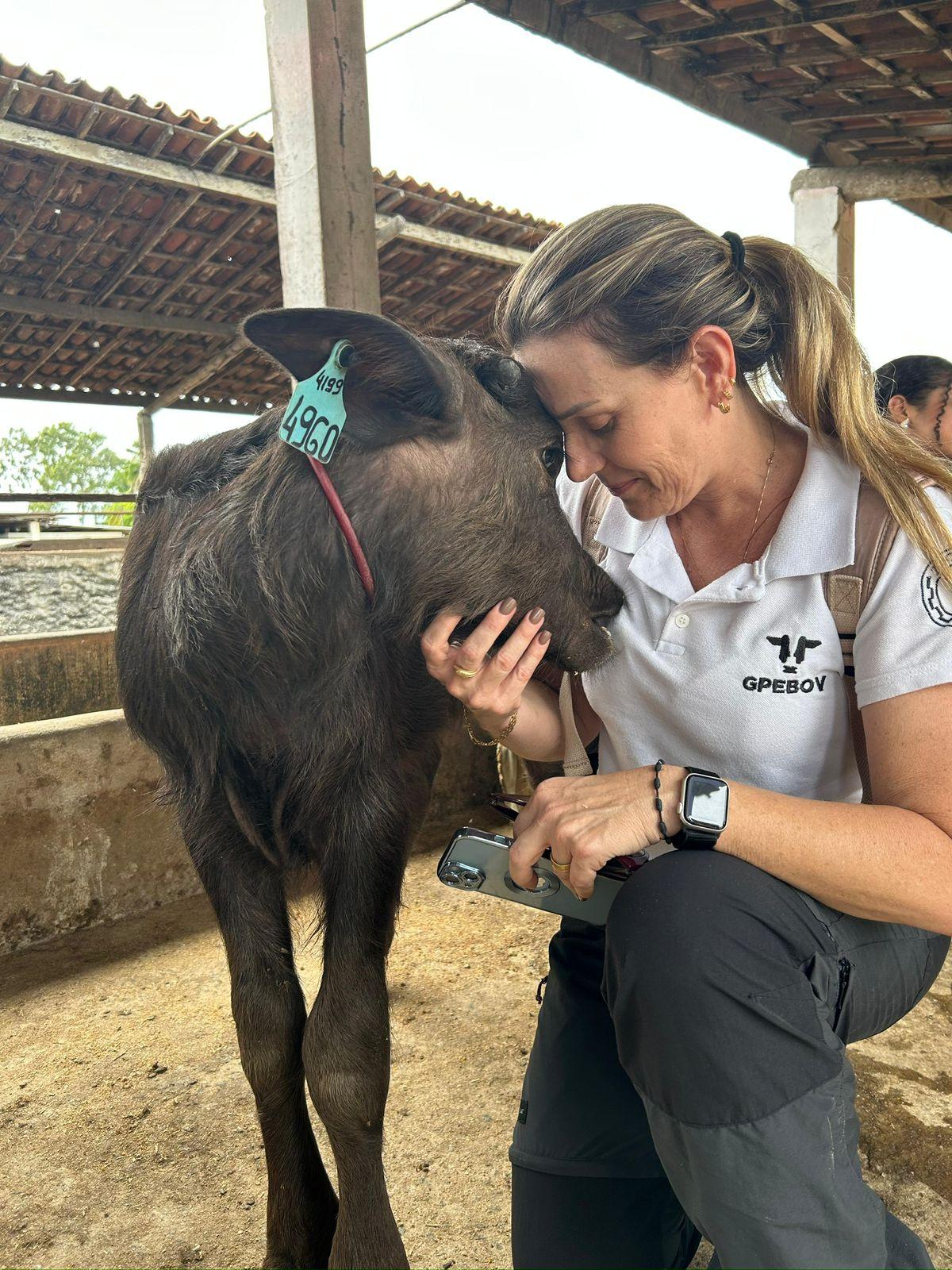 Mulher com a cabeça encostada na cabeça de um bezerro bubalino.