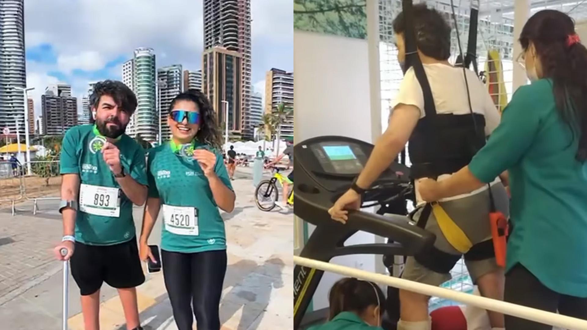 A imagem é dividida em duas partes.À esquerda, aparecem um homem e uma mulher sorrindo e exibindo medalhas após participarem de uma corrida de rua. Eles vestem camisetas verdes de competição, com números de inscrição fixados na frente. O homem segura uma muleta de apoio e está ao lado da mulher, que usa óculos escuros espelhados.À direita, o mesmo homem aparece em um ambiente de fisioterapia. Ele está preso a um equipamento de suporte, com cintos e tiras presas ao corpo, caminhando em uma esteira ergométrica.