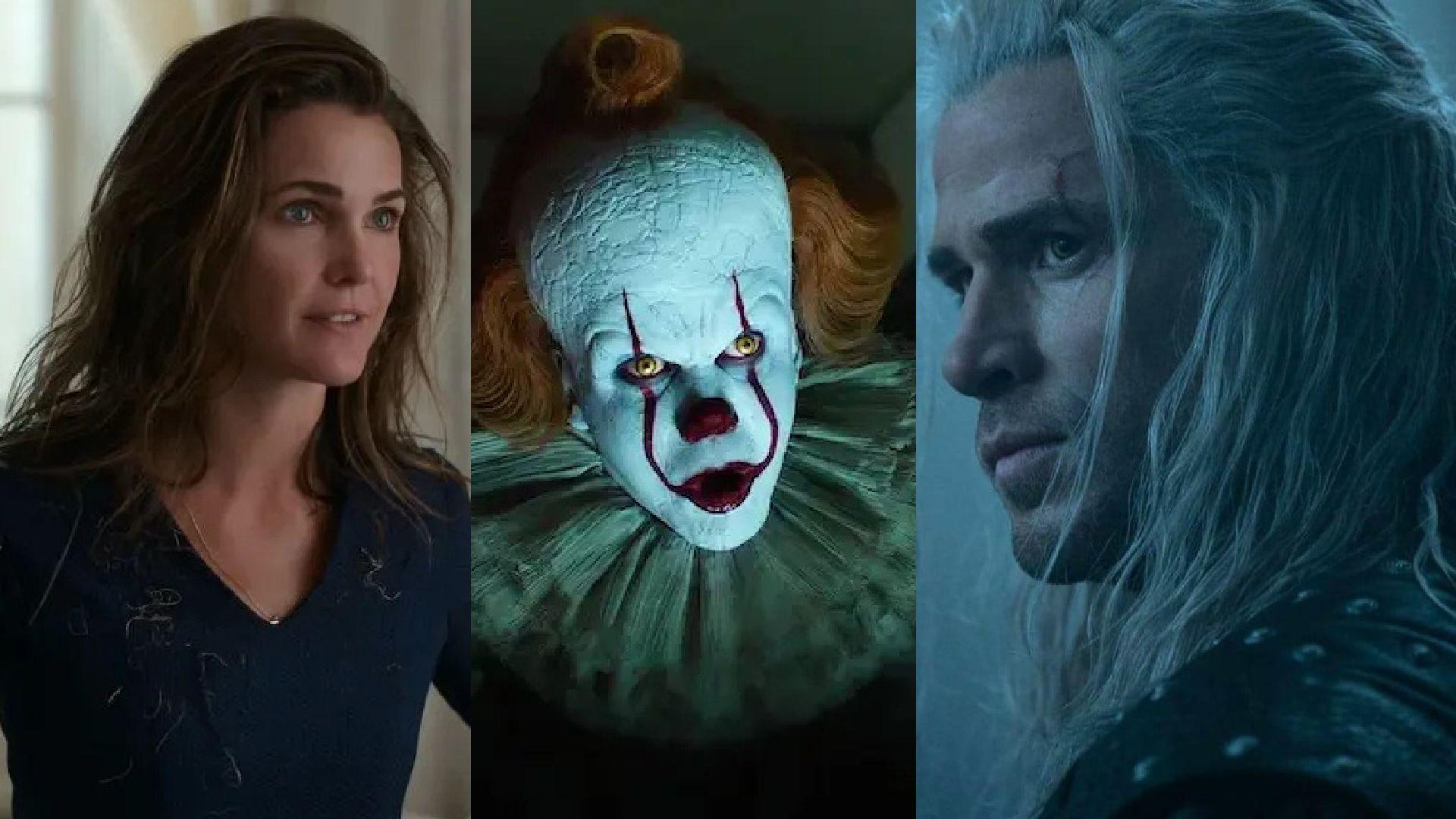 Três fotos em colagem. À esquerda, mulher branca com cabelo castanho e blusa azul escura. Ao meio, palhaço Pennywilse, com cara branca e traços vermelhos da maquiagem, testa grande e cabelo laranja. À direita, homem branco de cabelo branco e longo.