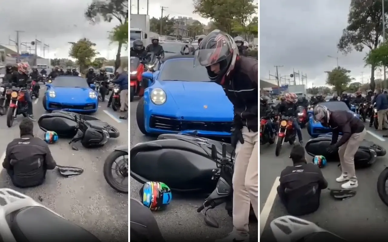 Imagem da cena do acidente para matéria sobre MK Bernardino atropela motociclista com Porsche em SP.