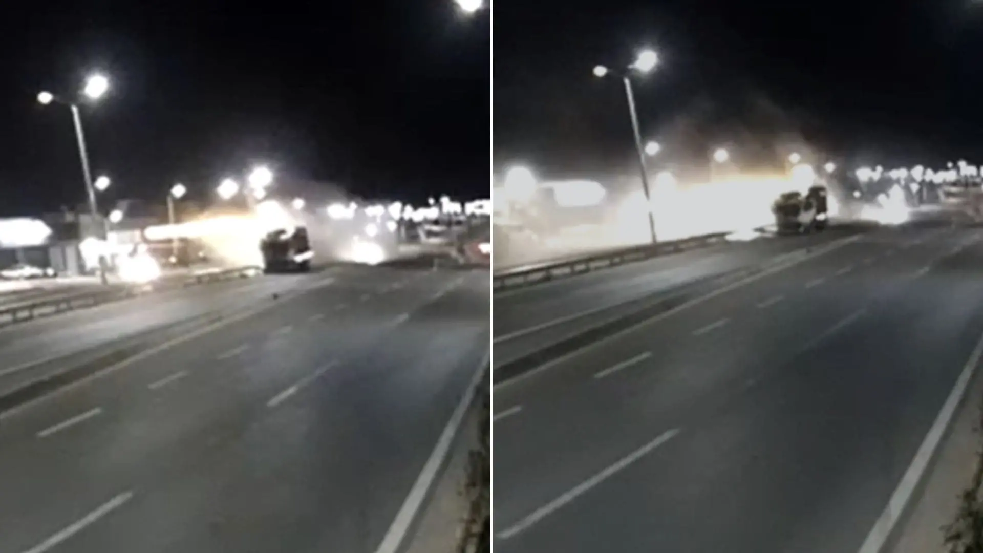 Montagem de duas fotos de caminhão que perdeu controle e derrubou postes em Tianguá