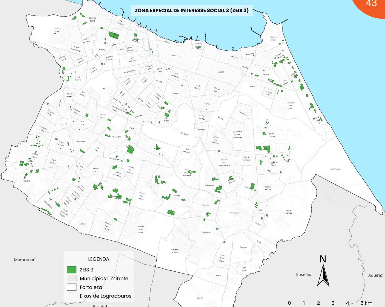 Mapa de Fortaleza todo em branco e com pontos verdes destacados, mostrando localização de imóveis e terrenos vazios ou subutilizados.