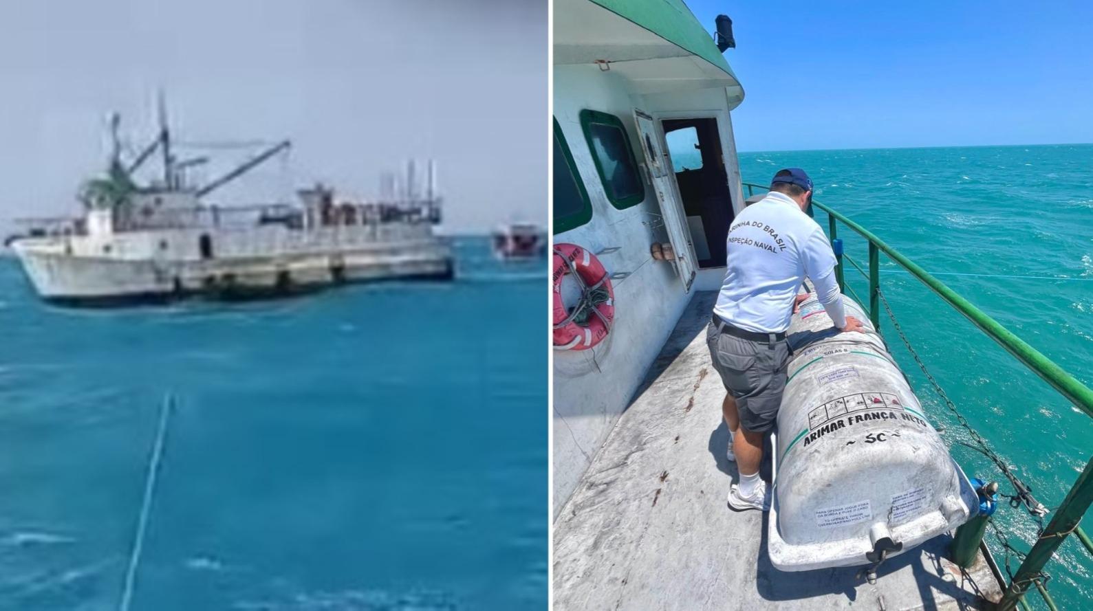 Montagem de fotos mostra equipes da Marinha do Brasil rebocando a embarcação.