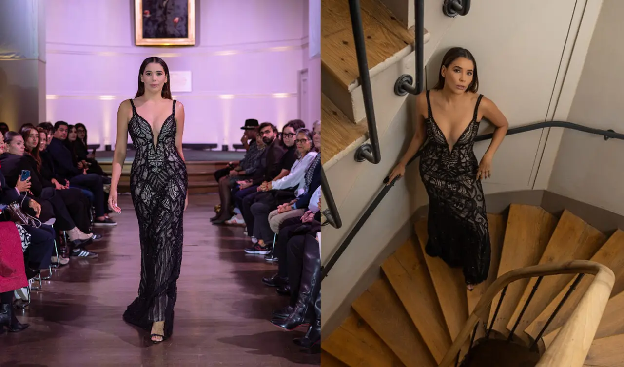Duas fotos de Niara. À esquerda, ela em passarela de desfile, com vestido preto longo em adornos prateados e detalhes complexos. À direita, mesma mulher com mesmo vestido em escada, com foto tirada de cima, posando.