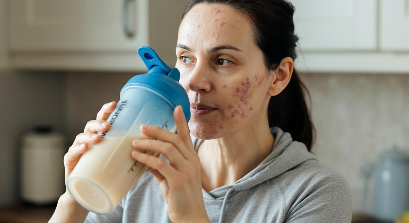 foto de mulher com acne ingerindo suplemento alimentar em garrafa de tampa azul.