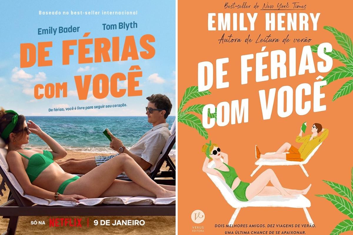 Imagem do livro De Férias com Você e do pôster oficial divulgado pela Netflix.