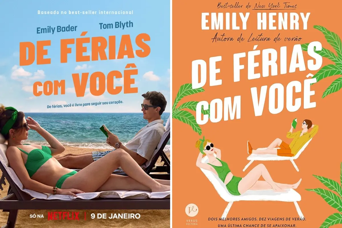 Imagem do livro De Férias com Você e do pôster oficial divulgado pela Netflix.