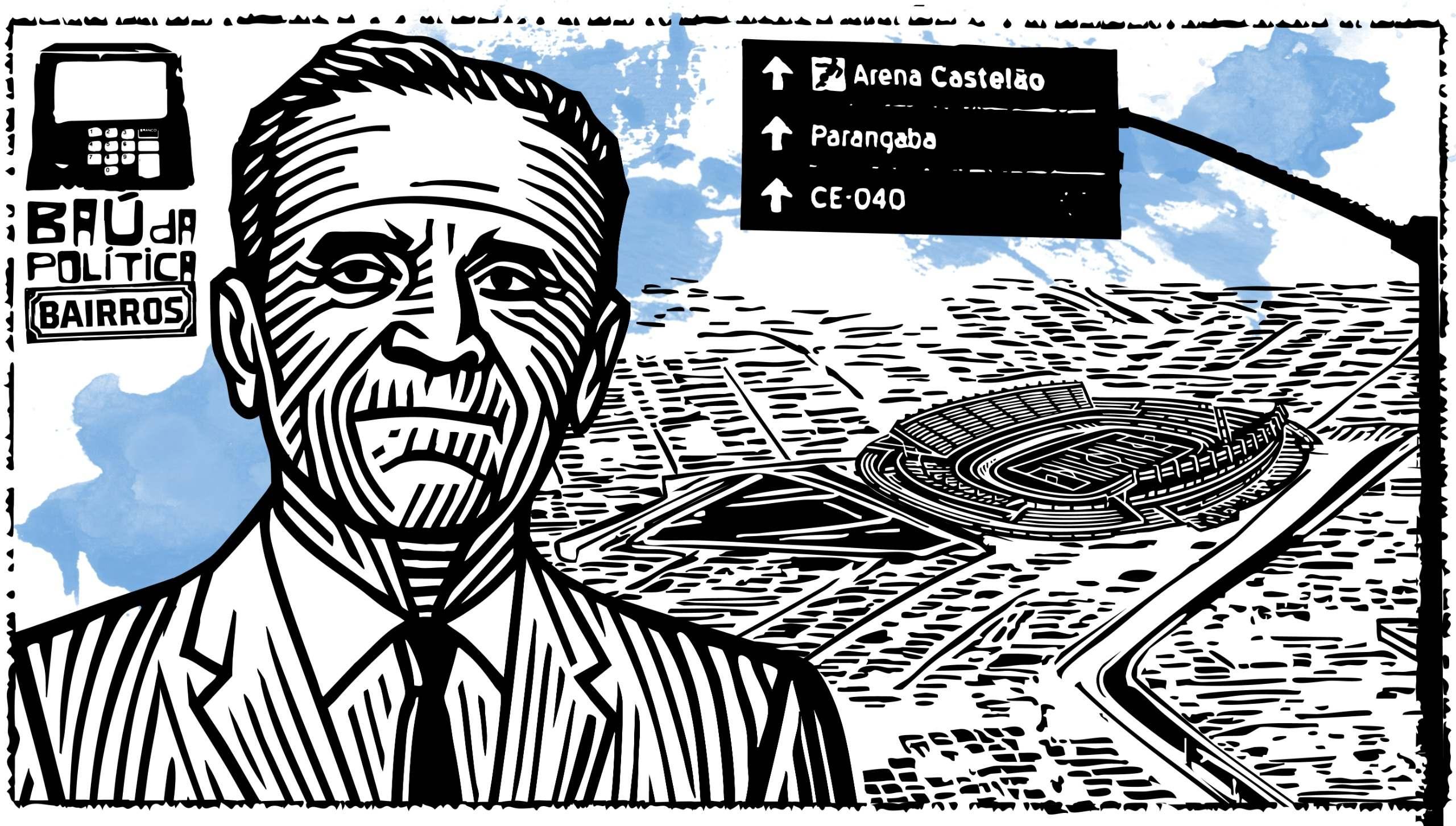 Ilustração em estilo xilogravura mostrando um homem de terno e gravata, o ex-governador Plácido Aderaldo Castelo, em primeiro plano, com traços fortes em preto e branco. Ao fundo, vê-se uma representação aérea do estádio Castelão, em Fortaleza, cercado por vias e construções esquematizadas. No canto superior direito, aparece uma placa de trânsito com indicações para “Arena Castelão”, “Parangaba” e “CE-040”. No canto esquerdo, há o logotipo da série “Baú da Política – Bairros”, com o desenho de uma urna eletrônica. O fundo traz manchas azuis que lembram pinceladas de aquarela.