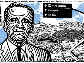 Ilustração em estilo xilogravura mostrando um homem de terno e gravata, o ex-governador Plácido Aderaldo Castelo, em primeiro plano, com traços fortes em preto e branco. Ao fundo, vê-se uma representação aérea do estádio Castelão, em Fortaleza, cercado por vias e construções esquematizadas. No canto superior direito, aparece uma placa de trânsito com indicações para “Arena Castelão”, “Parangaba” e “CE-040”. No canto esquerdo, há o logotipo da série “Baú da Política – Bairros”, com o desenho de uma urna eletrônica. O fundo traz manchas azuis que lembram pinceladas de aquarela.