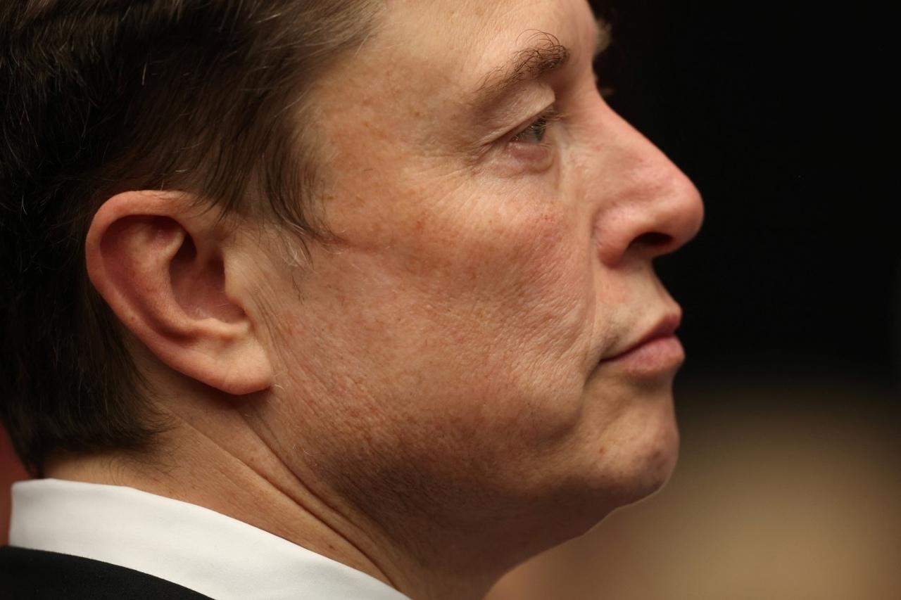 Imagem de perfil de Elon Musk, homem branco de cabelo castanho escuro, com expressão séria, destacando detalhes faciais e pele, em close-up lateral de cabeça.