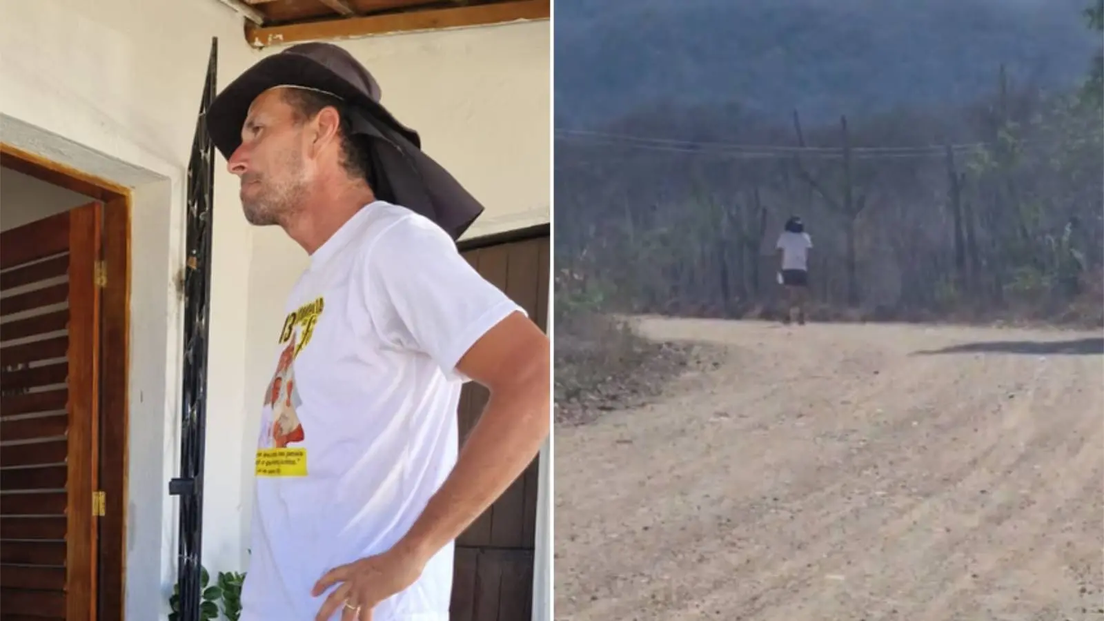 Imagem mostra, à esquerda, o pai cearense J. Mendes usando blusa clara e chapéu, e, à direita, outra imagem dele caminhando mais de 240 quilômetros para pagar promessa a São Francisco após cura de filho.