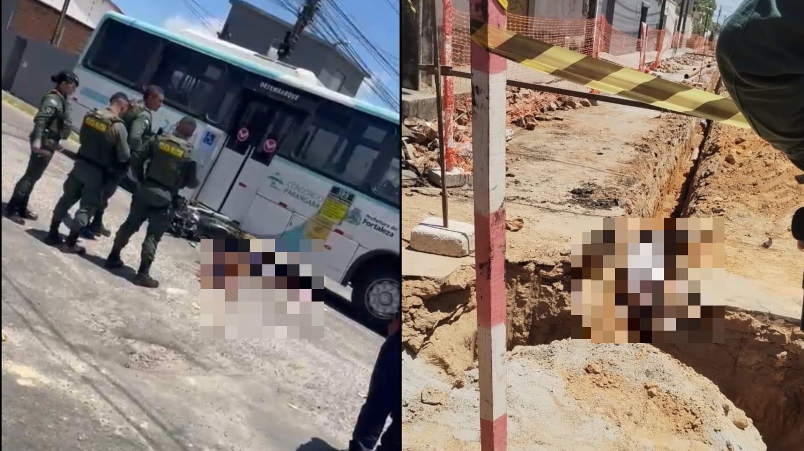 Montagem de duas fotos lado a lado. À esquerda, policiais militares estão em frente a um ônibus coletivo, ao lado de dois homens caídos no chão, próximos a uma motocicleta, após confronto no bairro Mondubim, em Fortaleza. À direita, um homem aparece morto dentro de uma vala de obra em via pública, cercada por fitas de isolamento.