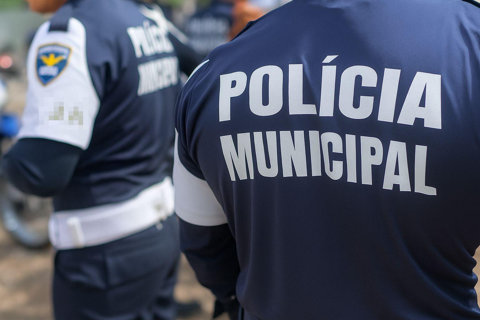Foto mostra policiais municipais de Juazeiro do Norte, fardados, de costas. A farda é azul escura, com detalhes brancos