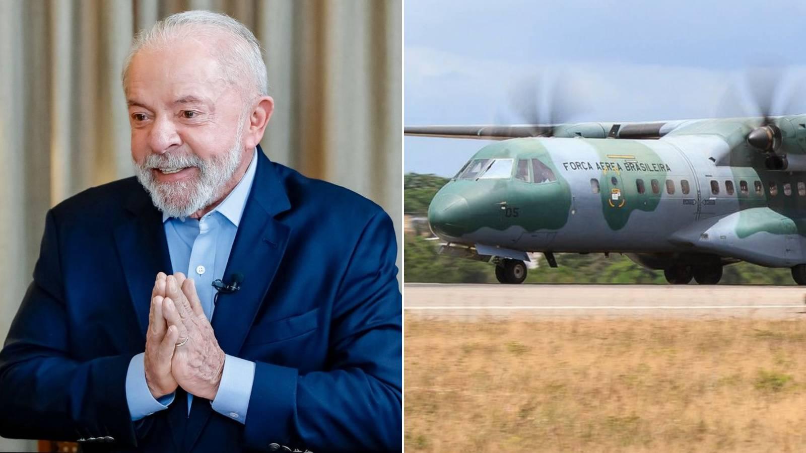 Colagem com duas imagens mostra, à esquerda, Lula, e à direita, a aeronave da FAB modelo C-105A Amazonas