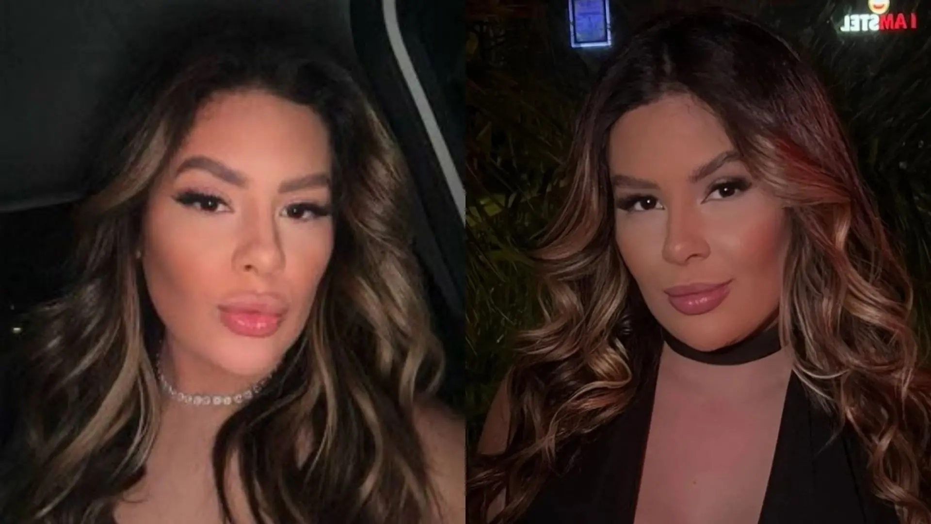 Selfies da própria Rafaela, maquiada e usando roupas pretas.