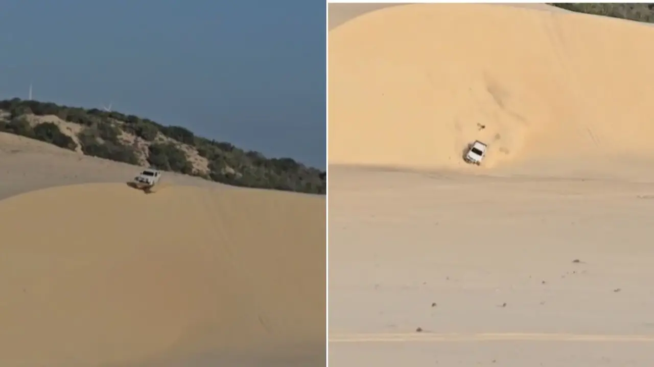 Montagem de duas fotos de acidente com caminhonete nas dunas da praia de Canoa Quebrada, no Ceará