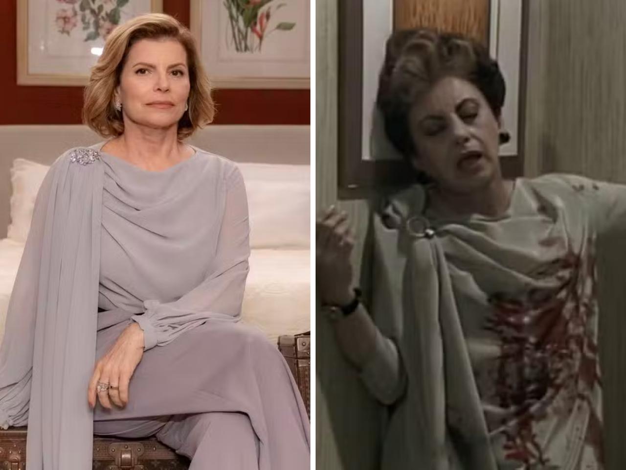 Montagem de fotos de Deborah Bloch vestida como Odete Roitman, e Beatriz Segall, também Odete.