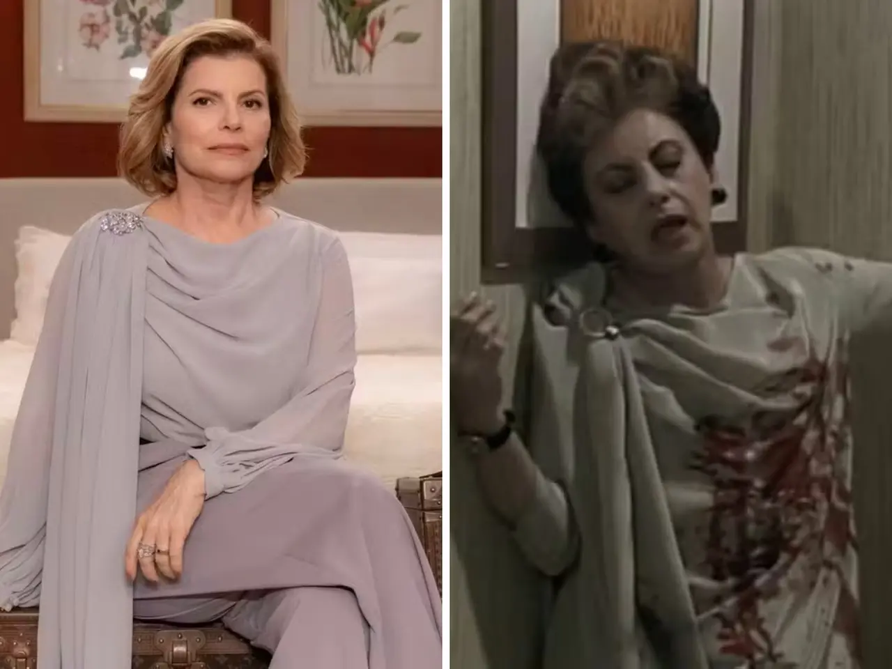 Montagem de fotos de Deborah Bloch vestida como Odete Roitman, e Beatriz Segall, também Odete.