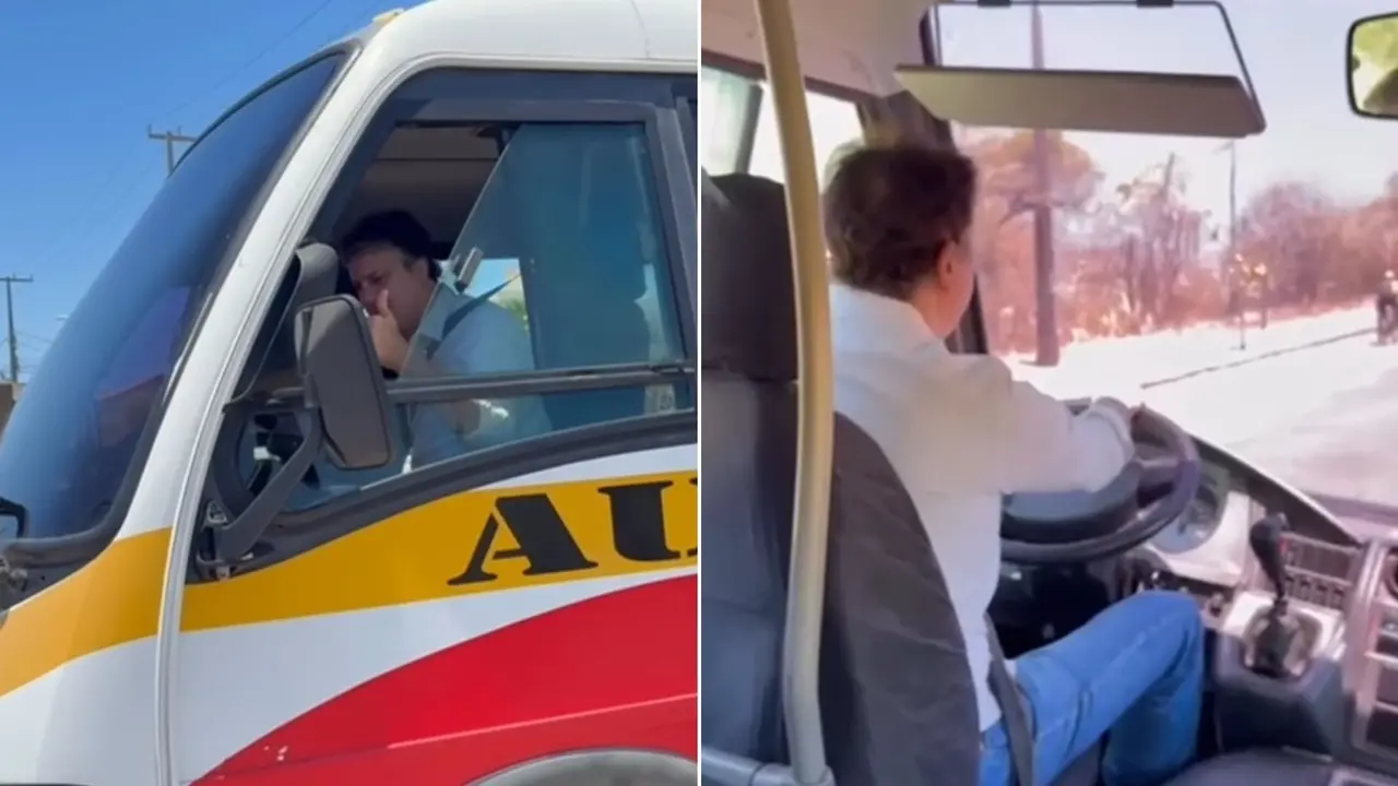 Montagem de fotos do ministro Camilo Santana aprendendo a conduzir micro-ônibus em Fortaleza