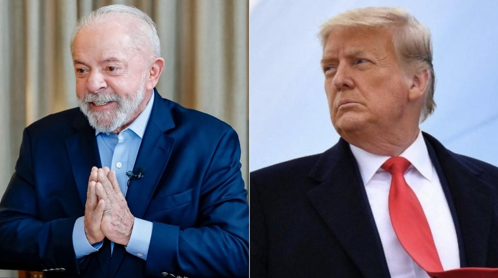 Montagem de fotos mostra Lula à esquerda, gesticulando enquanto fala, e Trump à direita, olhando para o horizonte