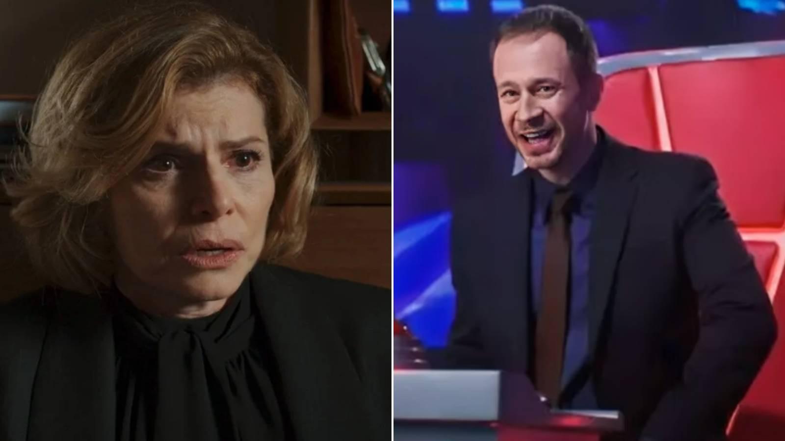 Colagem com duas imagens mostram, à esquerda, a personagem Odete Roitman e à, direita, o apresentador do The Voice, Tiago Leifert.