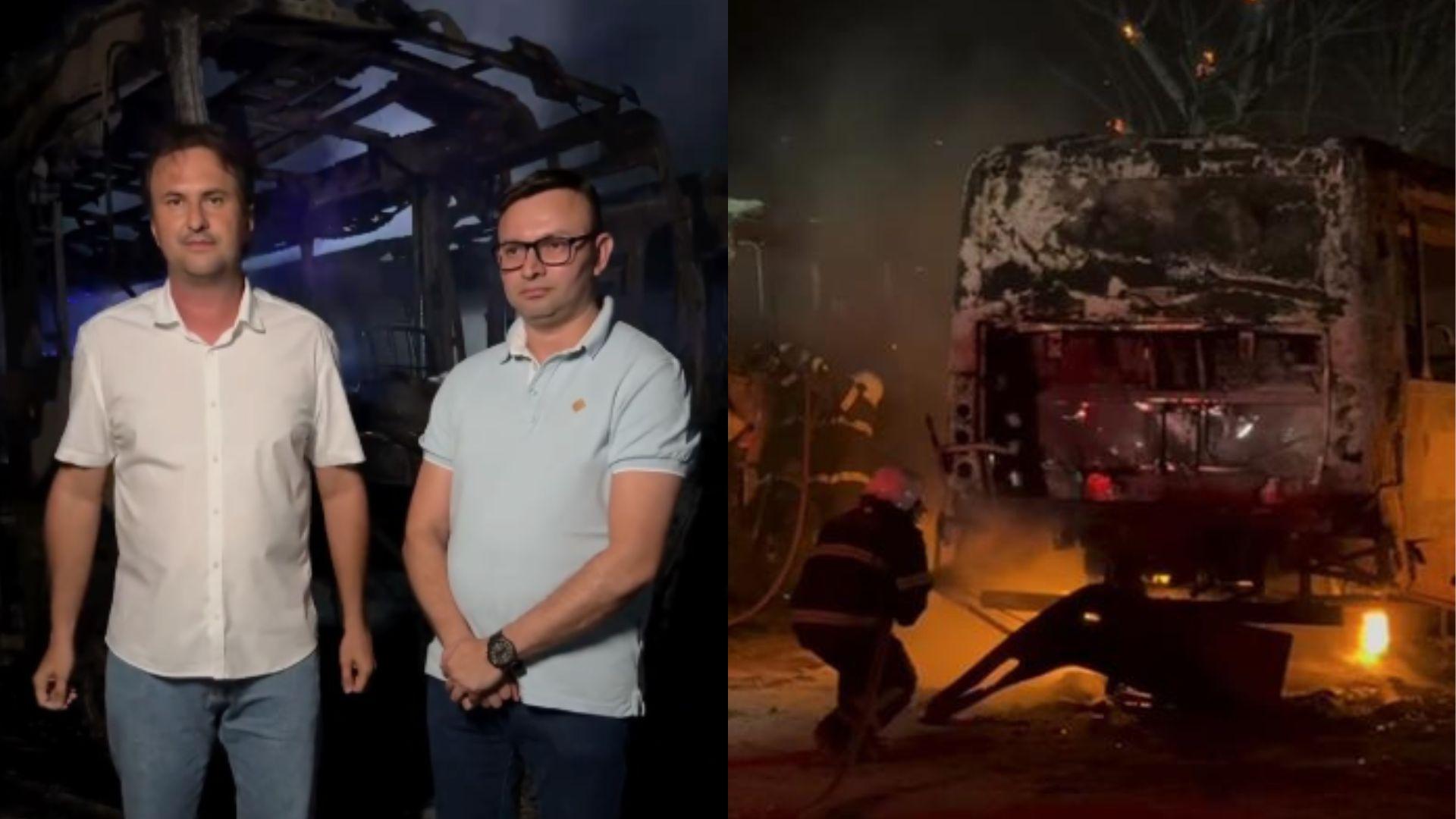 Colagem de fotos do prefeito de Aquiraz e dos ônibus que queimaram.