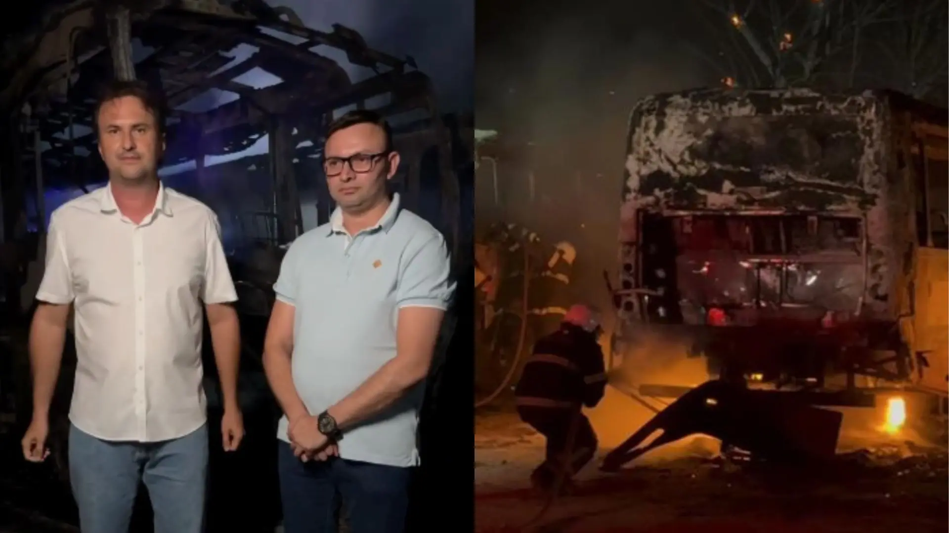 Colagem de fotos do prefeito de Aquiraz e dos ônibus que queimaram.