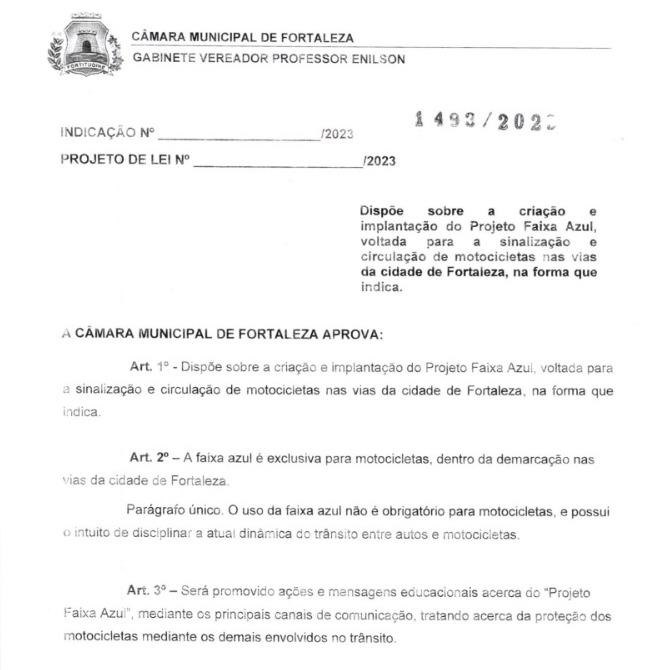 Trecho do projeto de indicação aprovado na Câmara Municipal de Fortaleza.