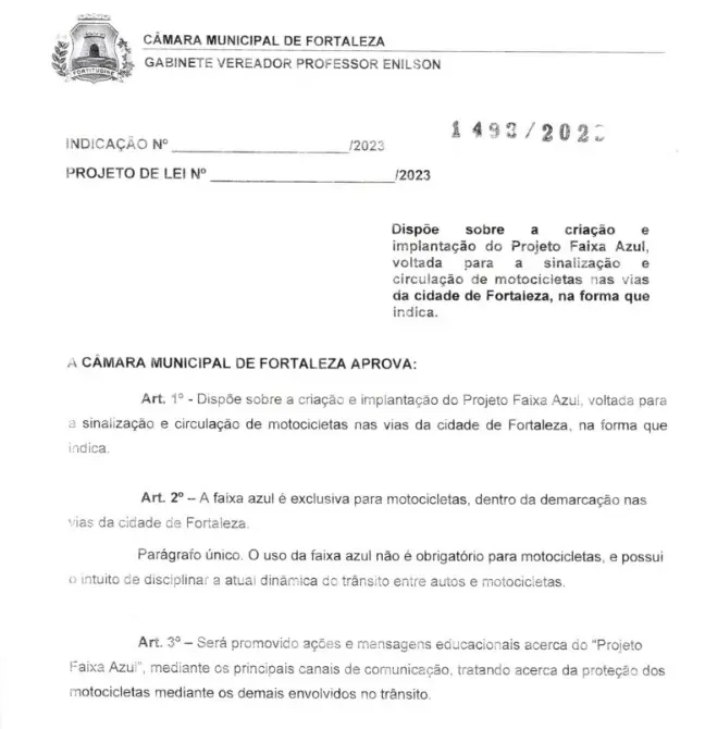 Trecho do projeto de indicação aprovado na Câmara Municipal de Fortaleza.