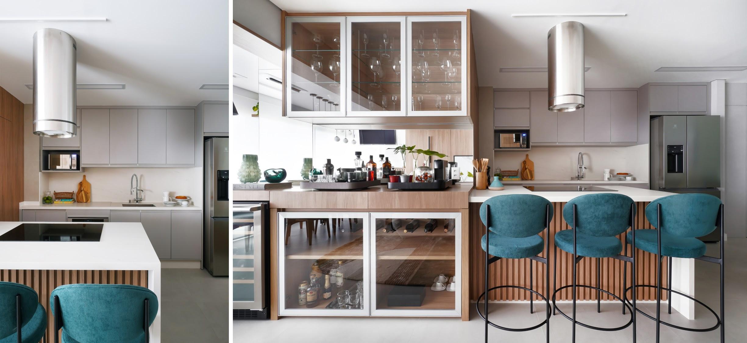 Nesta cozinha, a arquiteta Rosangela Pena incluiu o cooktop de indução na península que também compreende a área para refeições rápidas