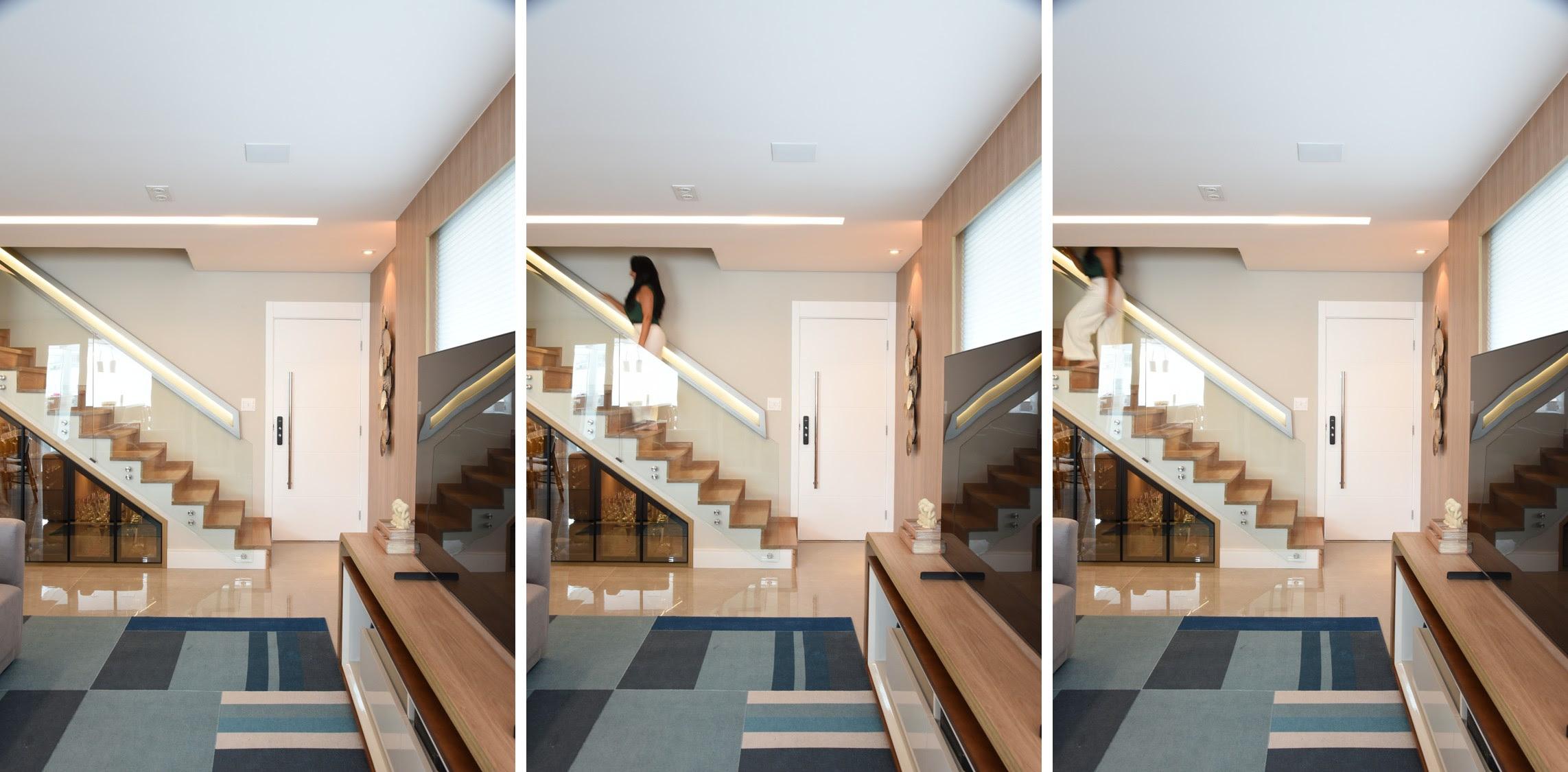 O corrimão iluminado atribui mais segurança à escada neste projeto assinado pela arquiteta Rosangela Pena