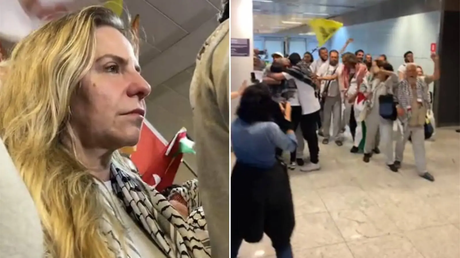 Colagem mostra imagens da chegada da deputada federal Luizianne Lins ao Brasil, em 9 de outubro de 2025, após sete dias presas em Israel.