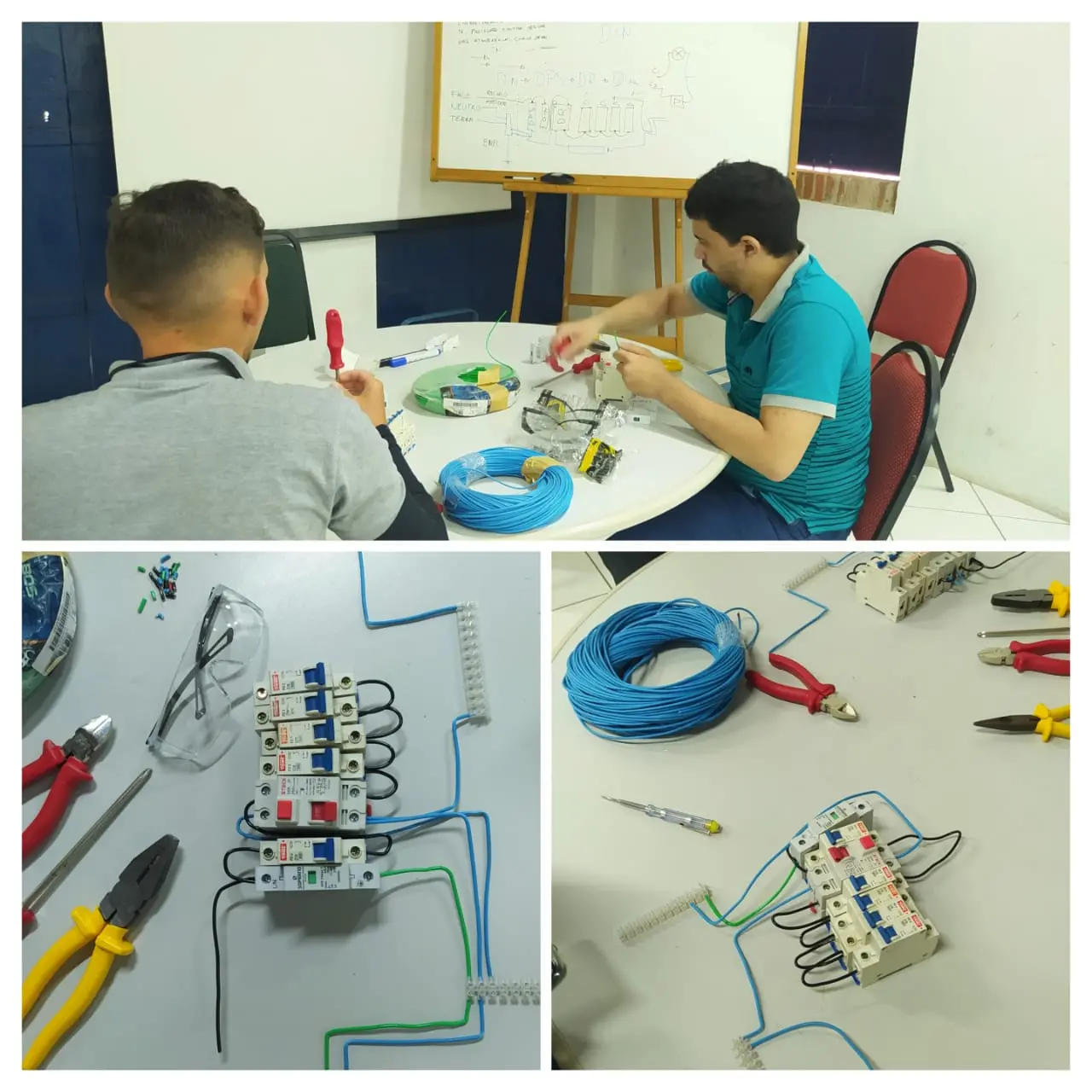 Montagem de três fotos mostrando dois homens manipulando fios coloridos de energia e sistemas de eletricidade